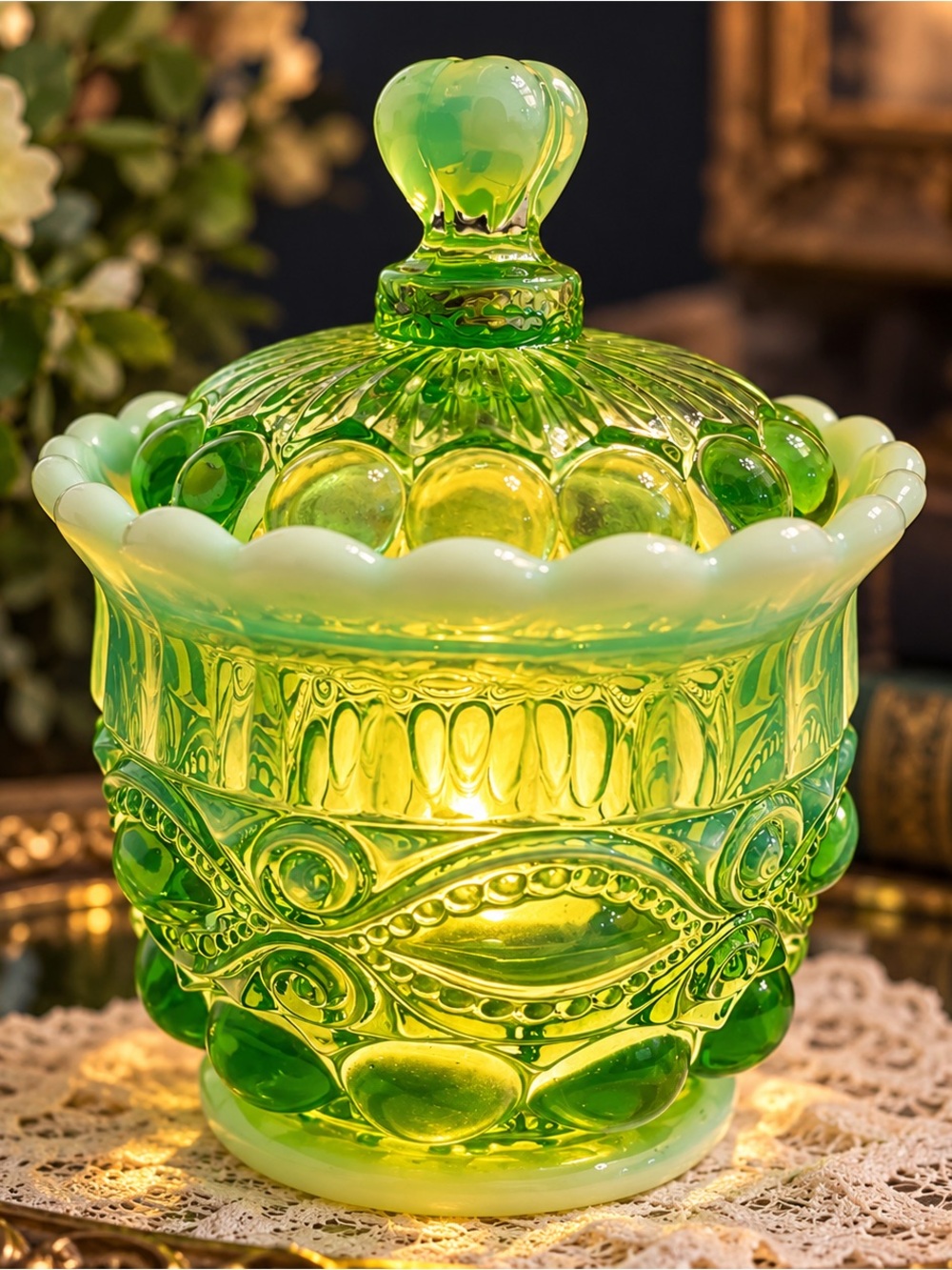 Vintage Mosser Eye Winker Green Opalescent Covered Sugar Bowl Fairy Lamp